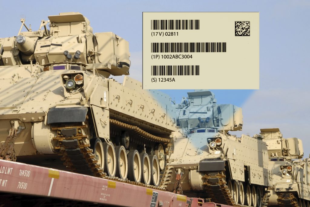 UID label with a data matrix code on an armoured vehicle