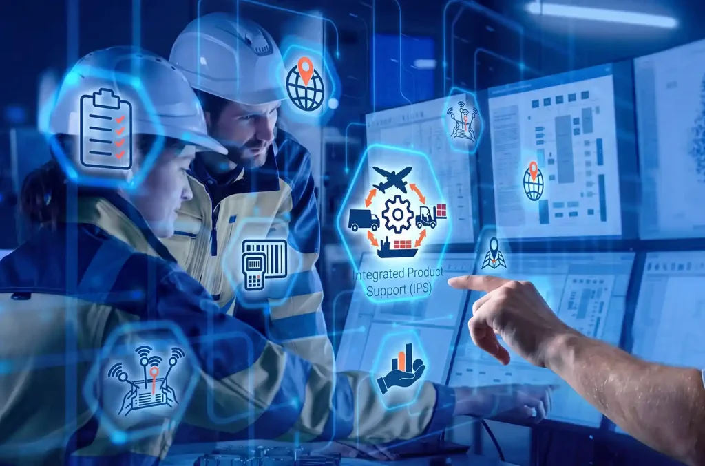Hand selecting icons on a digital interface over Defence personnel, representing Contracted Logistics Support